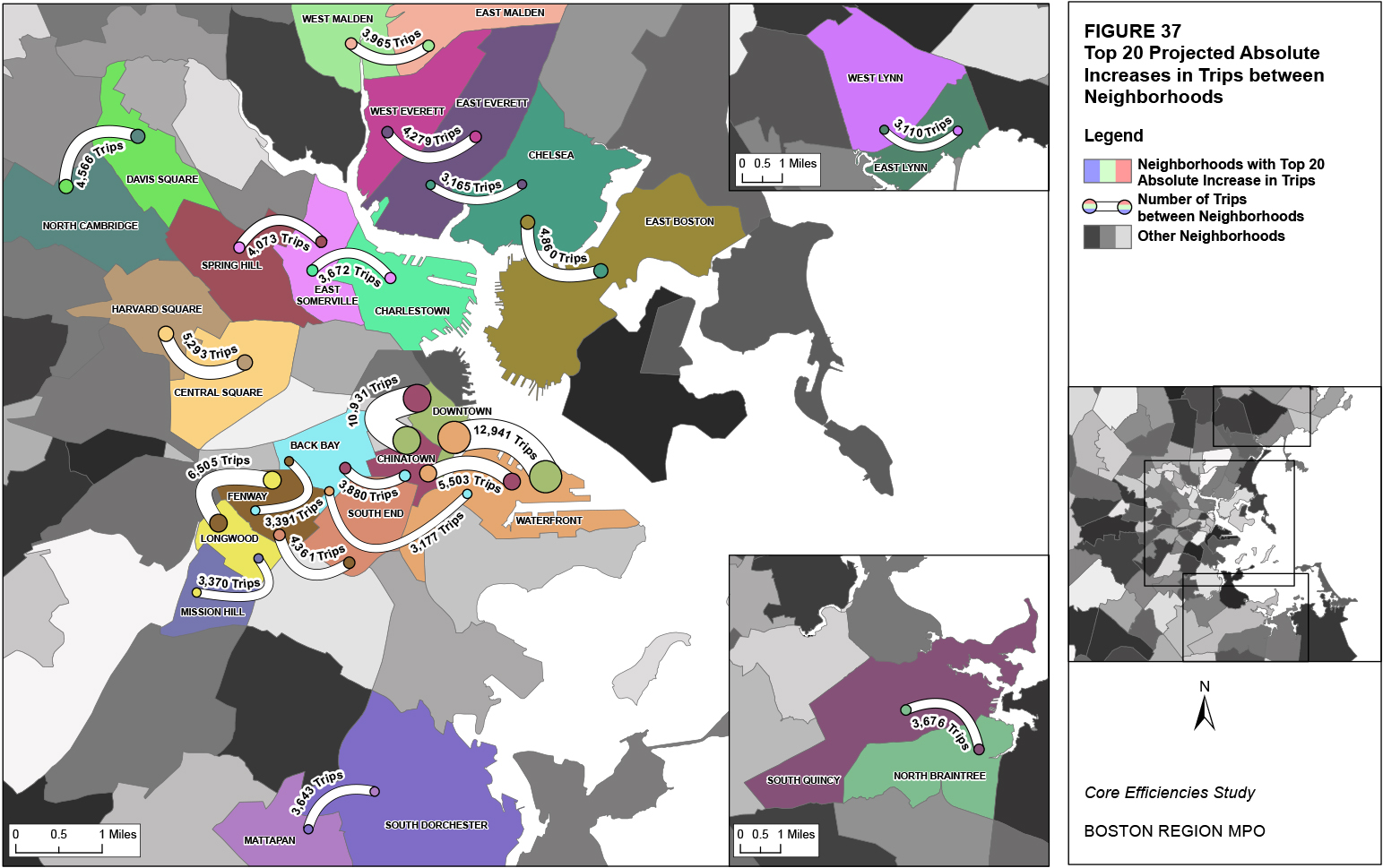 This map shows the origin-destination pairs with the top 20 projected absolute increases in trips.